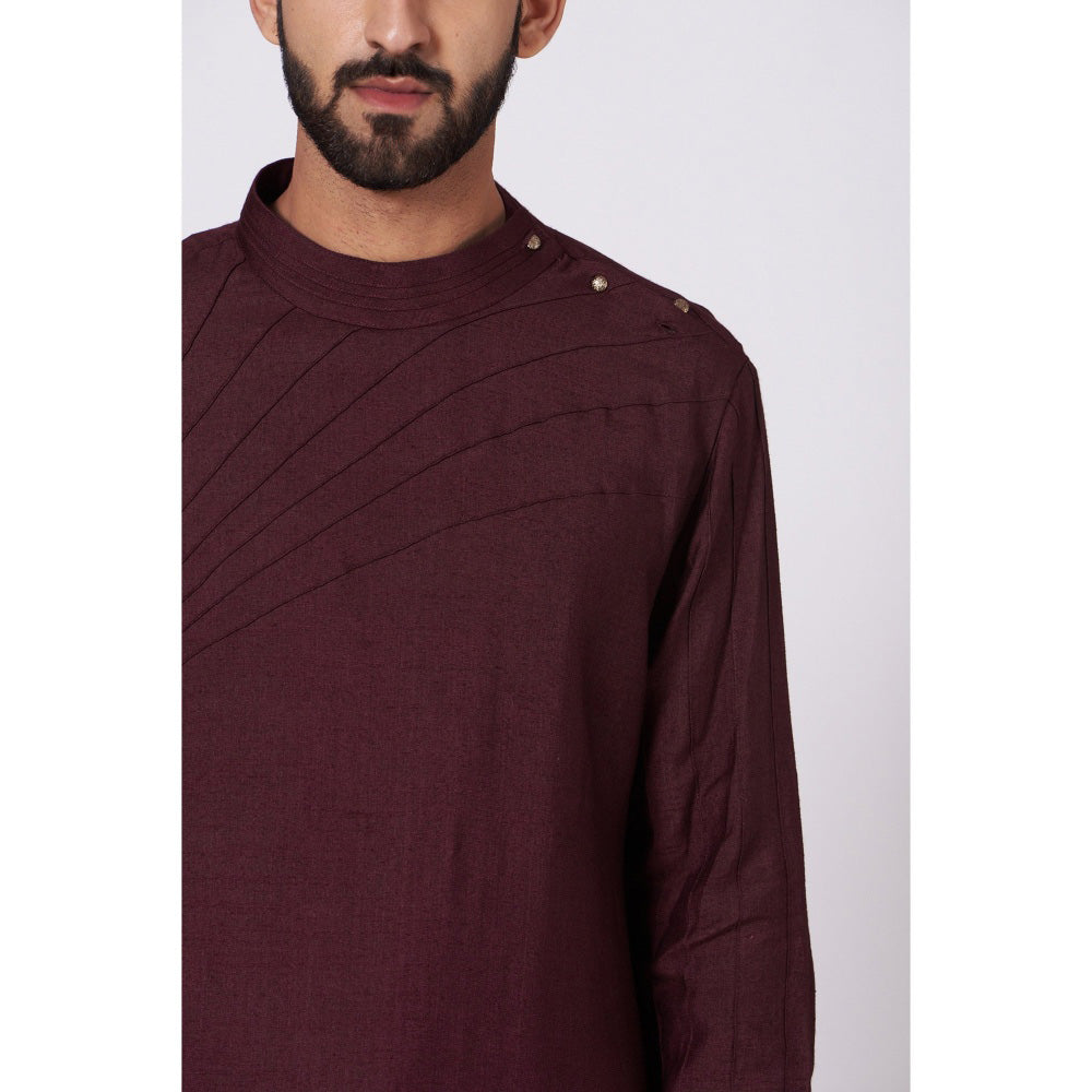 Jatin Malik Wine Shoulder Buttoned Kurta (Set of 2)