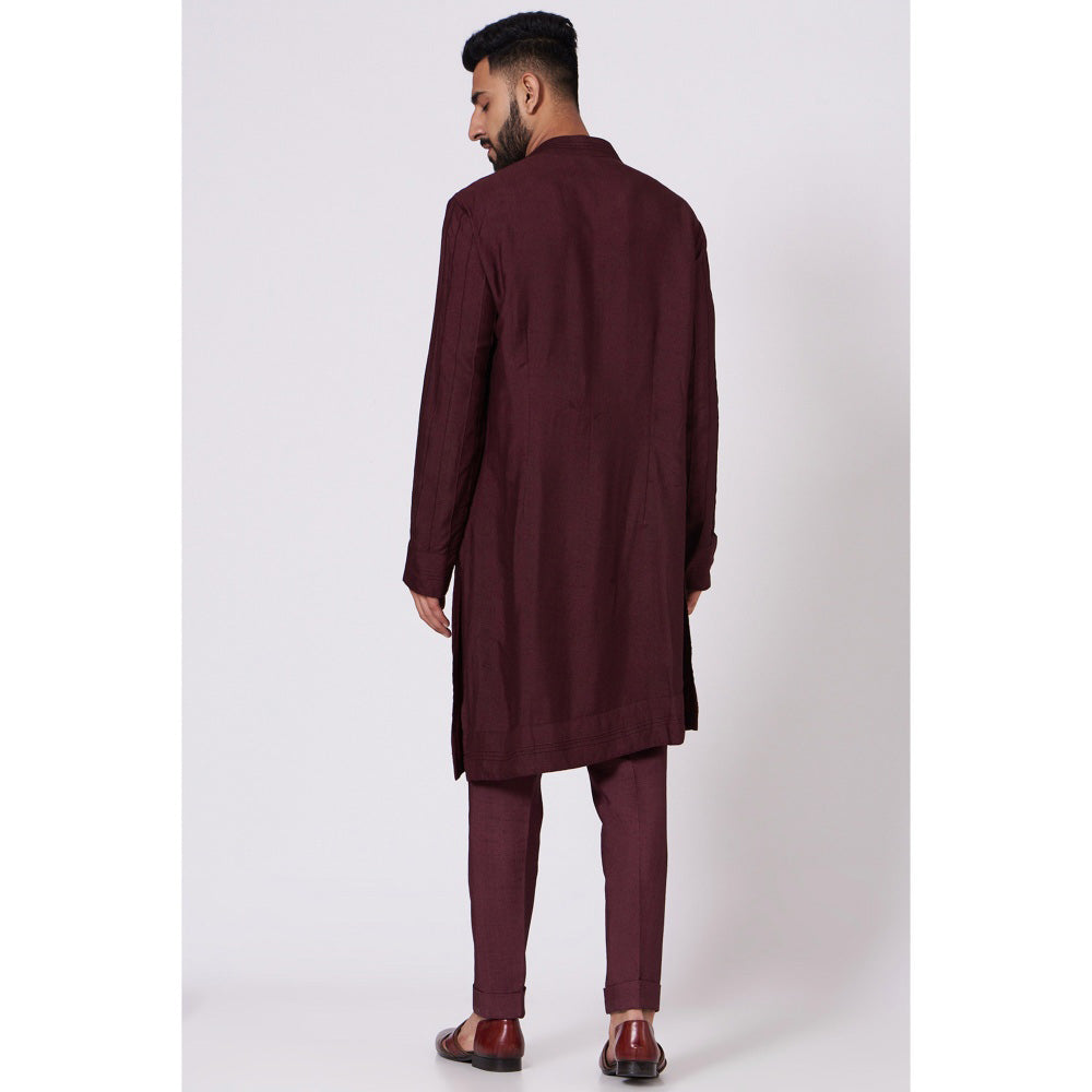 Jatin Malik Wine Shoulder Buttoned Kurta (Set of 2)