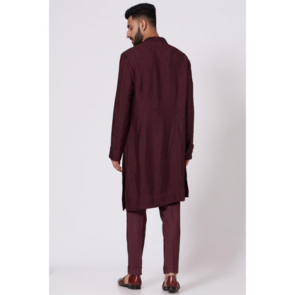 Jatin Malik Wine Shoulder Buttoned Kurta (Set of 2)