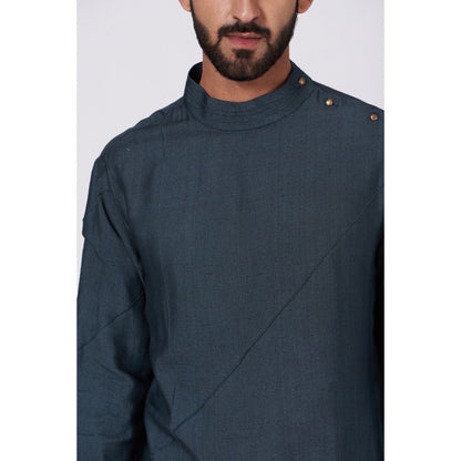 Jatin Malik Teal Blue Shoulder Buttoned Kurta (Set of 2)