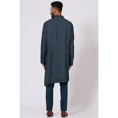 Jatin Malik Teal Blue Shoulder Buttoned Kurta (Set of 2)