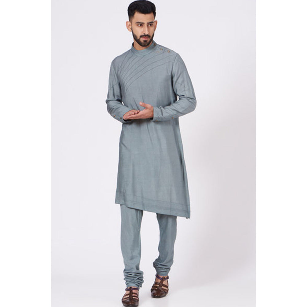 Jatin Malik Chateau Grey Shoulder Buttoned Kurta (Set of 2)