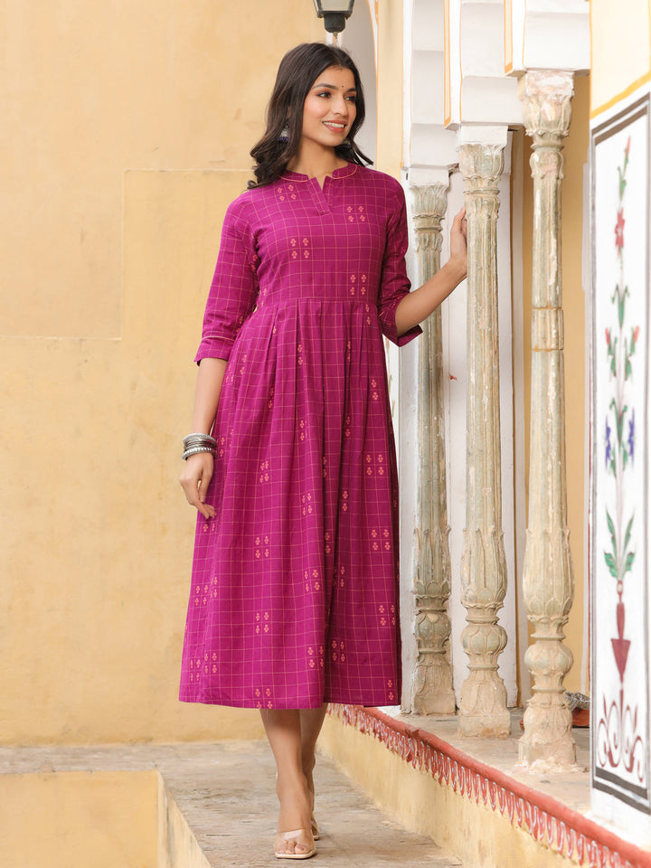 Buy Purple Checks Cotton Flared Dress Online  At Jaipur Kurti