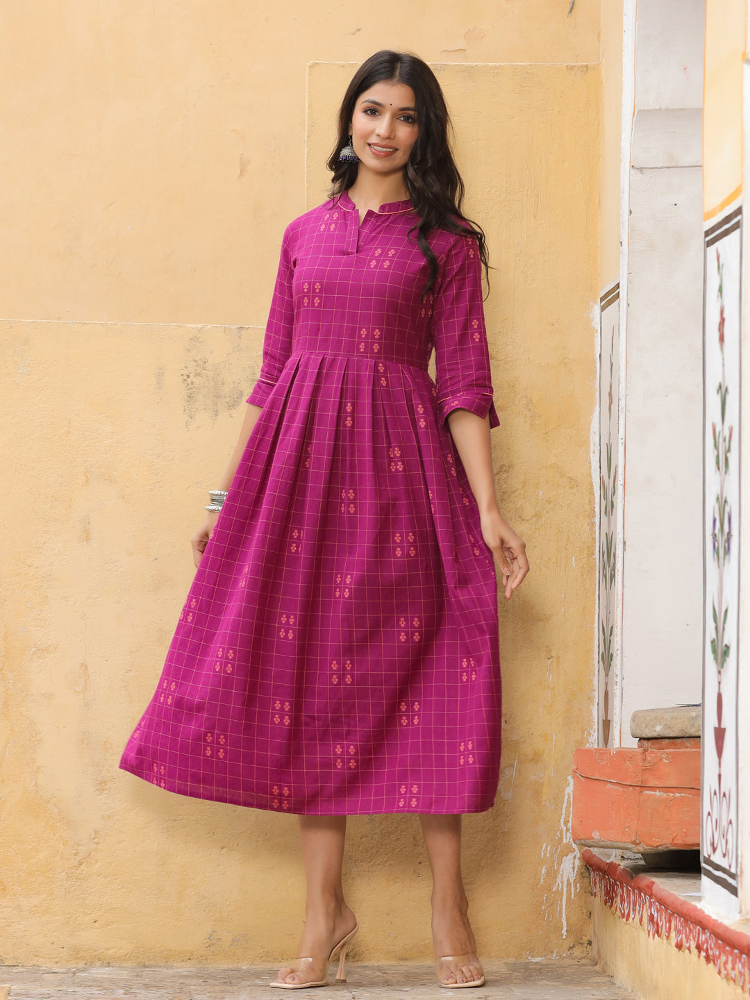 Buy Purple Checks Cotton Flared Dress Online  At Jaipur Kurti