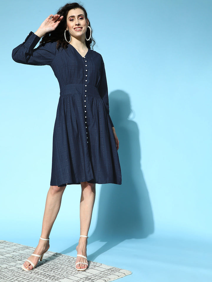 Shop Workwear Self Weave Rayon Fabric Puffed Three Fourth Sleeve Dress for Girls Online at Jaipur Kurti. Latest Range of Dresses & Co ords Available at Best Price