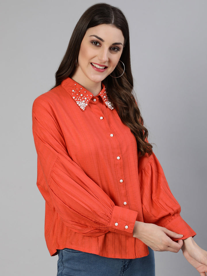Orange Self Weave Rayon Puffed Sleeves Pearl Embellished Shirt