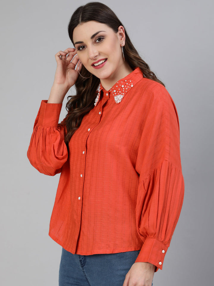Orange Self Weave Rayon Puffed Sleeves Pearl Embellished Shirt