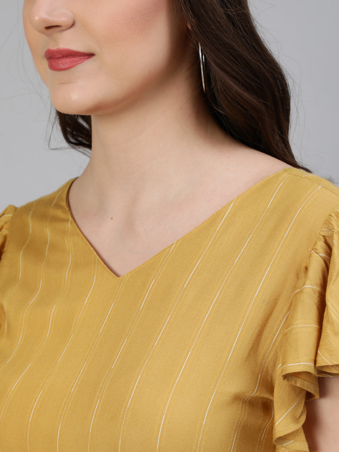 Yellow Self Weave Rayon Flared Dress With Belt