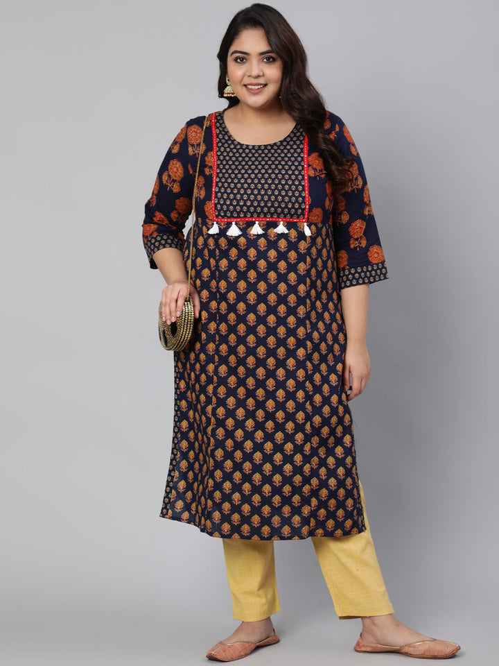 Navy Blue Printed Straight Kurta With Thread Work