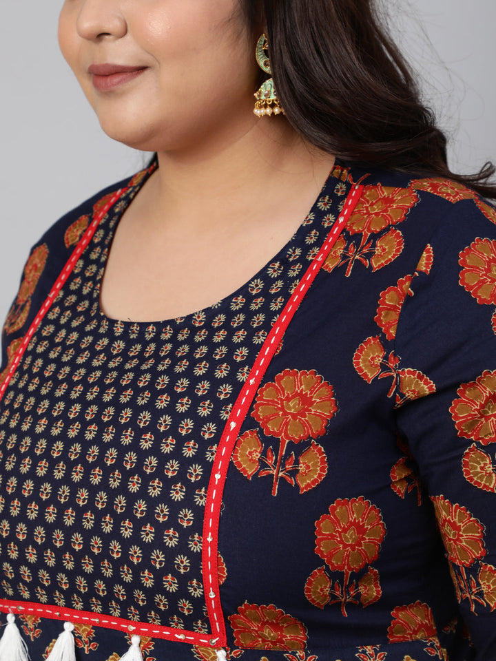 Navy Blue Printed Straight Kurta With Thread Work