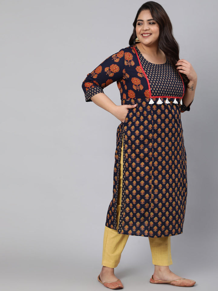 Navy Blue Printed Straight Kurta With Thread Work