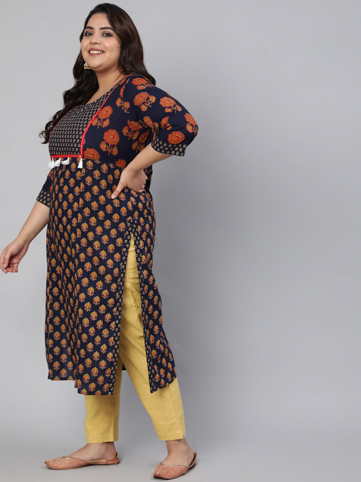 Navy Blue Printed Straight Kurta With Thread Work