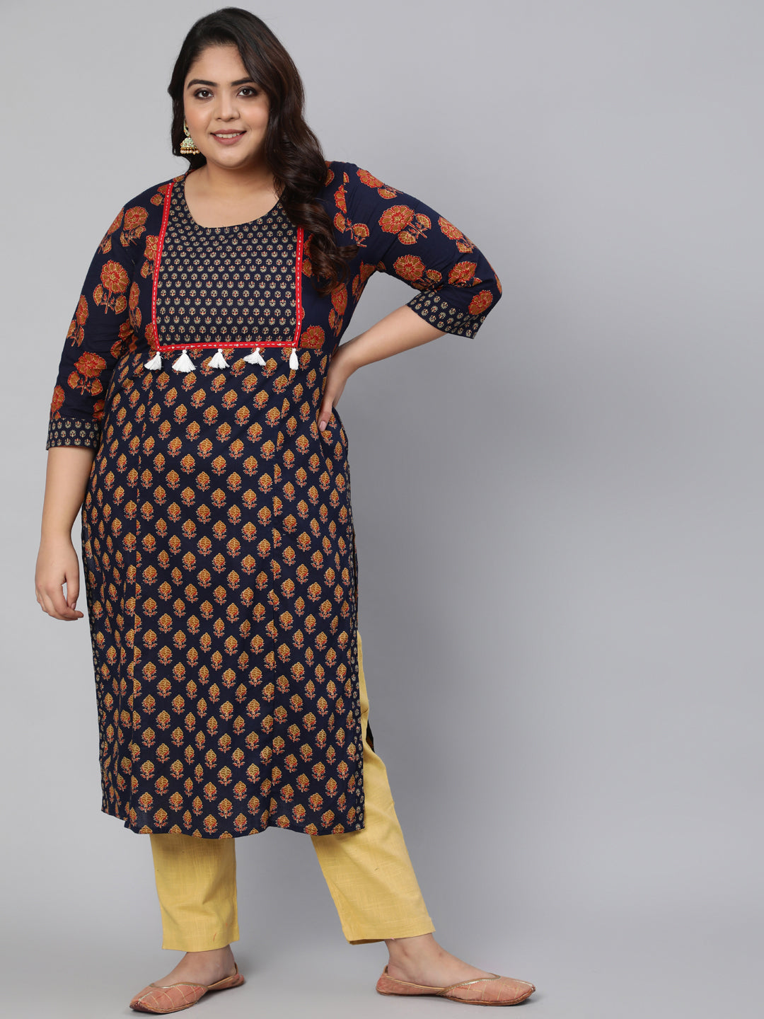 Navy Blue Printed Straight Kurta With Thread Work