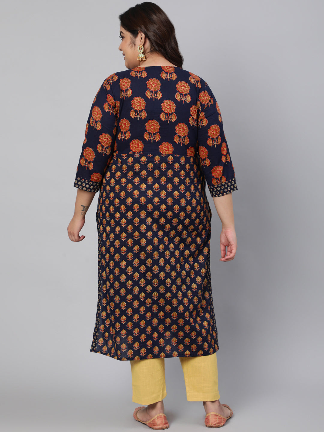 Navy Blue Printed Straight Kurta With Thread Work