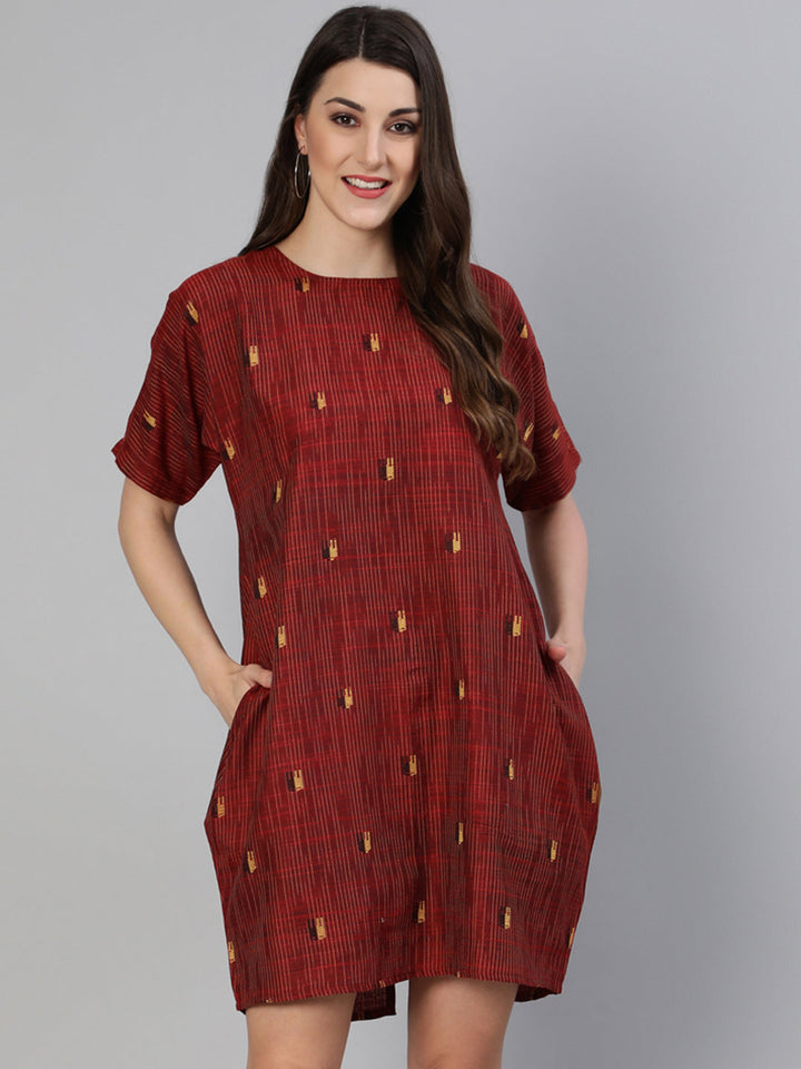 Maroon Yarn Dyed Self Weave Asymmetrical Dress