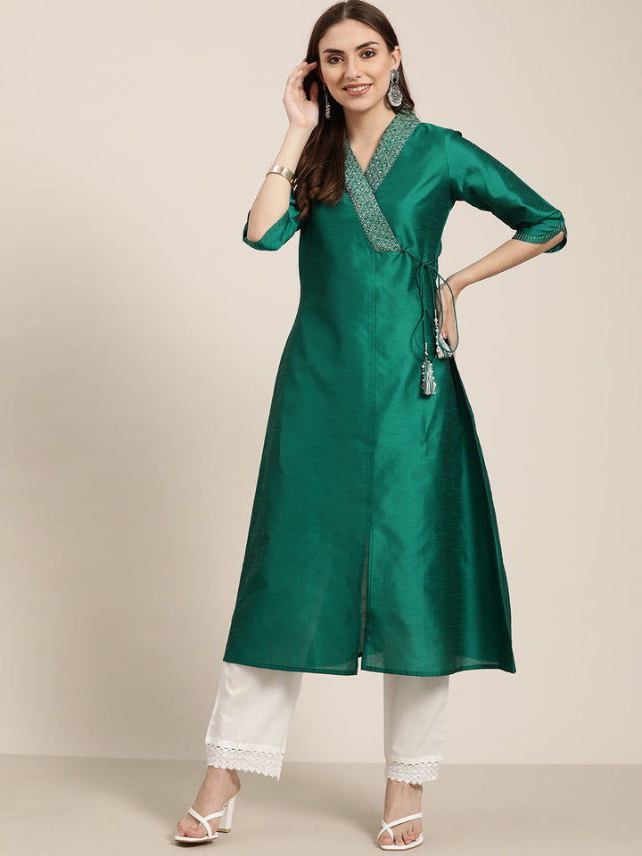 Green Silk Blend Angrakha Style A-Line Embroidered Kurta