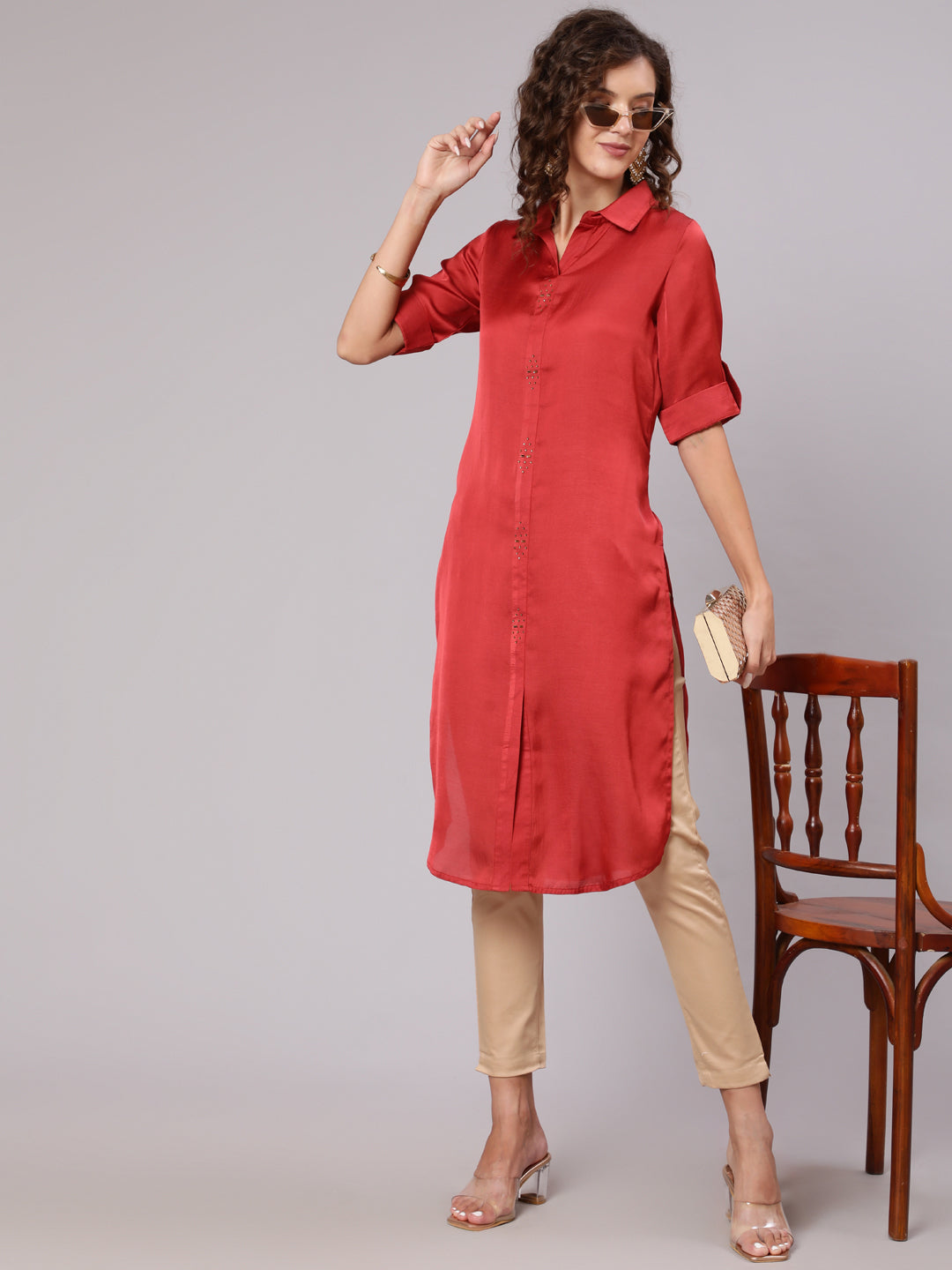 Red Silk Fabric Embellished Shirt With Roll-Up Elbow Sleeves