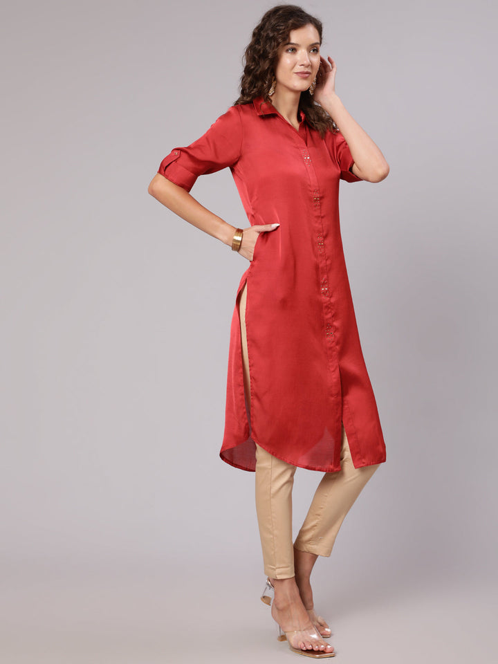 Buy Stylish Red Silk Embellished Shirt for Women Online | Jaipur Kurti