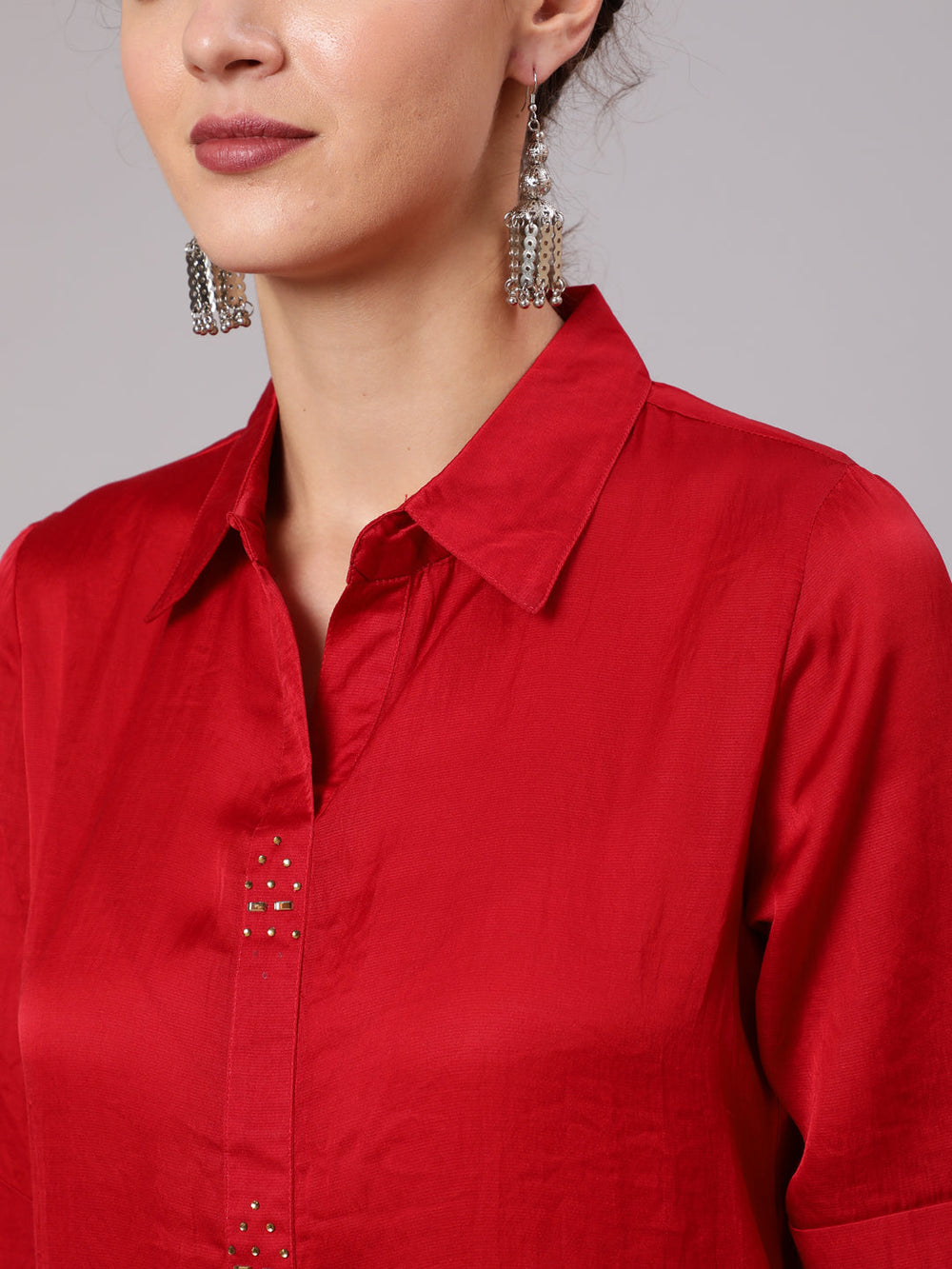 Buy Rust Silk Blended Stone Embellished Shirt with Curved Hem for Women Online at Jaipur Kurti. Explore wide range of Fusion Wear Collection of Dresses & Jumpsuit