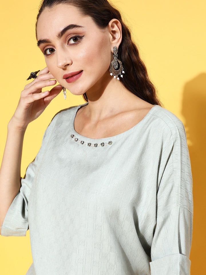 Shop Stylish New Light Blue Color Self Weave Embellished Top With Extended Sleeves & Tie-Up Belt for Women Online at Jaipur Kurti India's Ethnic Wear Brand
