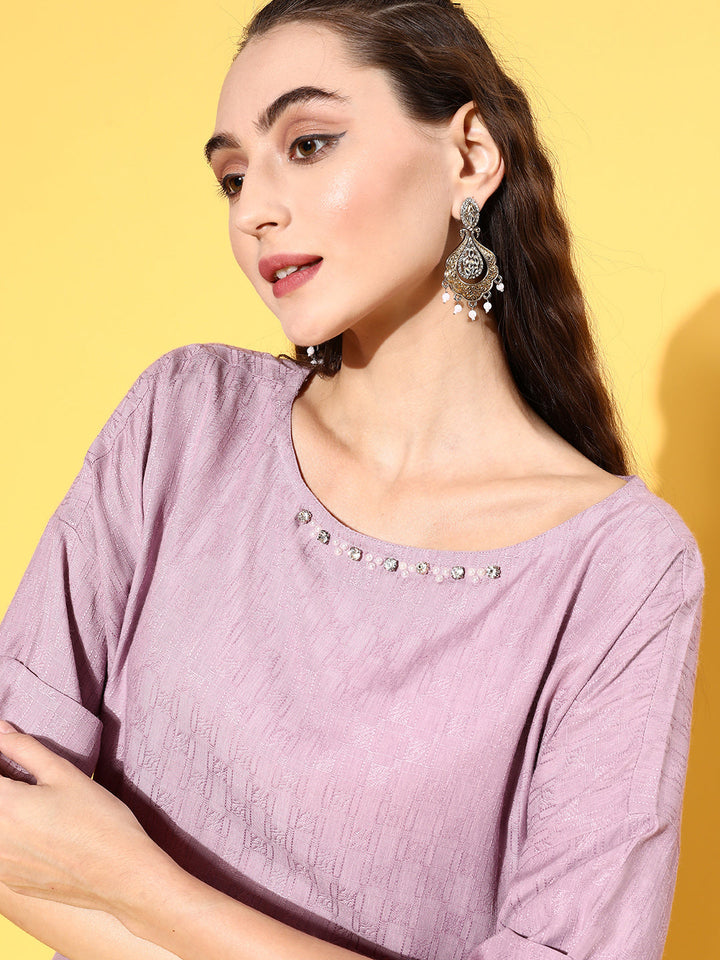 Shop Stylish New Mauve Color Self Weave Embellished Top With Extended Sleeves & Tie-Up Belt for Women Online at Jaipur Kurti India's Ethnic Wear Brand