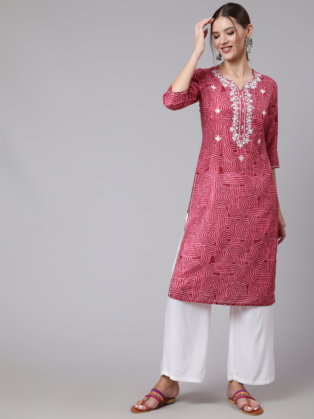 Red Color Geometric Digital Printed Muslin Kurta With Mirror Embroidered Neck, Has Three-Fourth Sleeves, Side Slits, Straight Hem And A Round Neck With A Slight V Opening