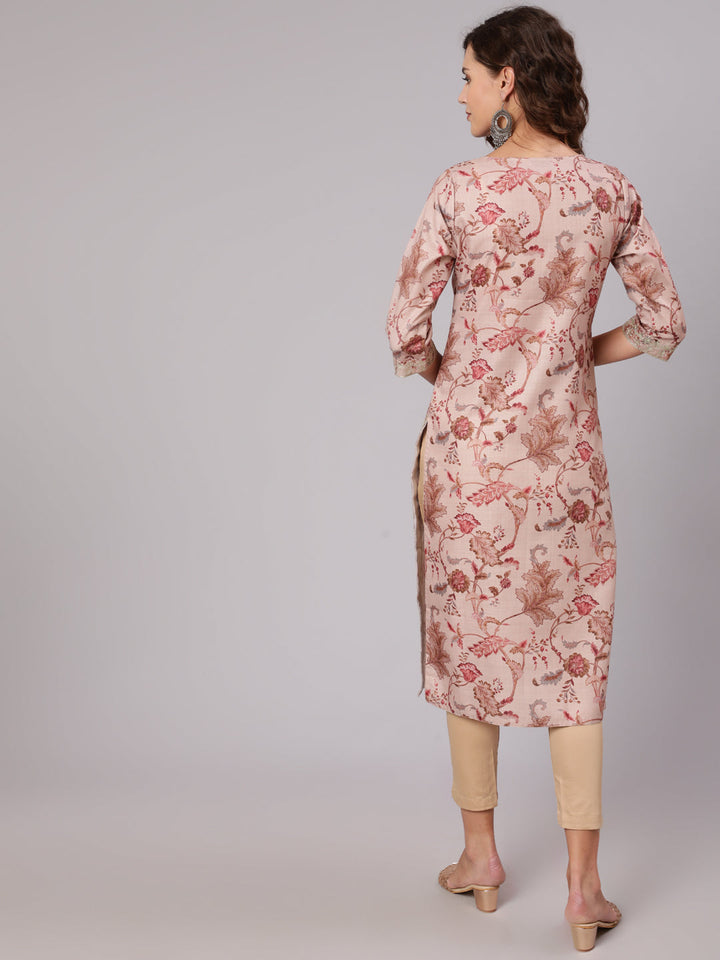 Long Floral Printed Kurta With Round Neck &  Three Forth Sleeves