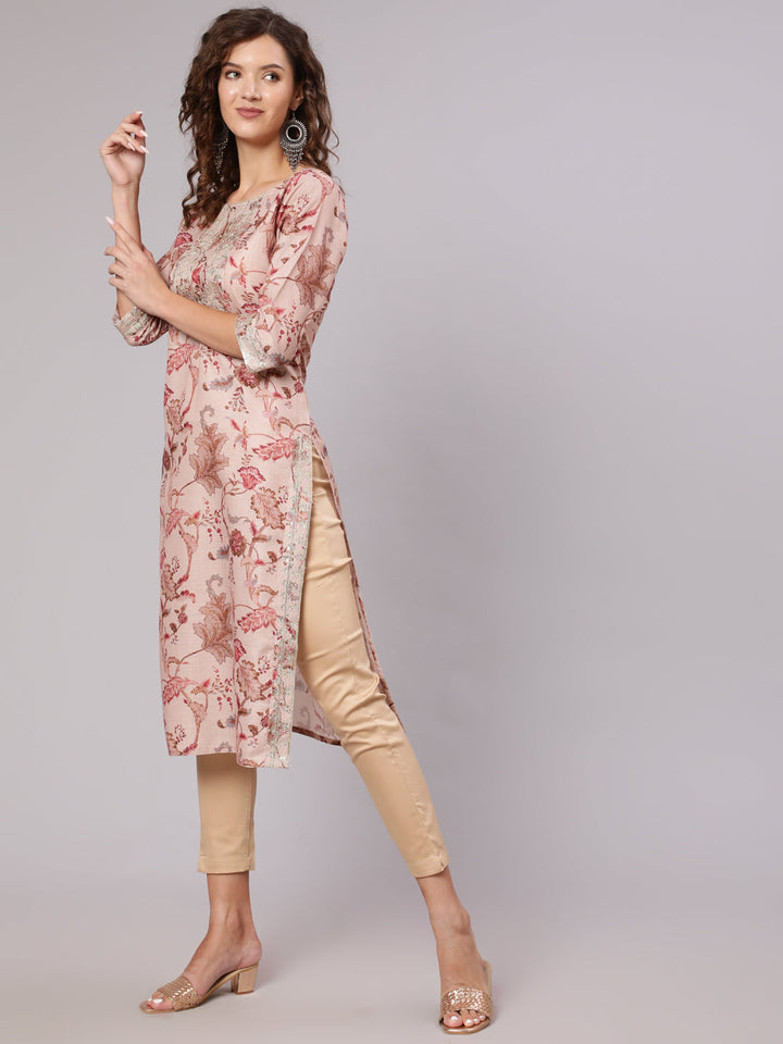 Long Floral Printed Kurta With Round Neck &  Three Forth Sleeves