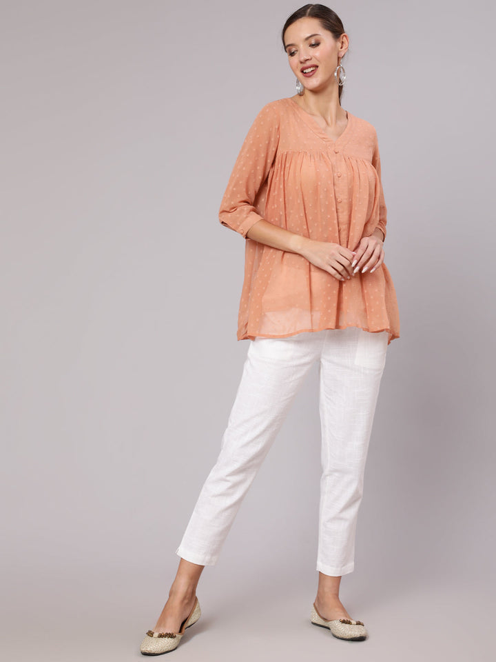 Peach Chiffon Dobby Gathered Top With Flared Hemline	Shop Casual Wear Simple Peach Chiffon Dobby Gathered Top for Women & Girls Online. Buy Kurti, Suits, Tops & Dresses at Jaipur Kurti Website at Best Price  
