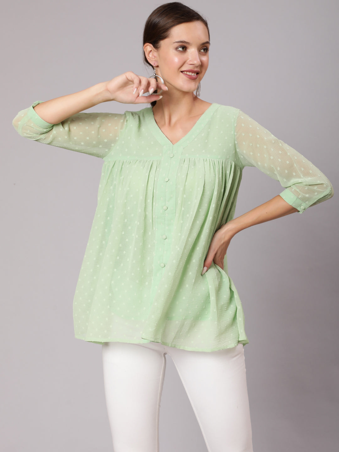 "Green Chiffon Dobby Gathered Top With Flared Hemline	Shop Casual Wear Simple Green Chiffon Dobby Gathered Top for Women & Girls Online. Buy Kurti, Suits, Tops & Dresses at Jaipur Kurti Website at Best Price "