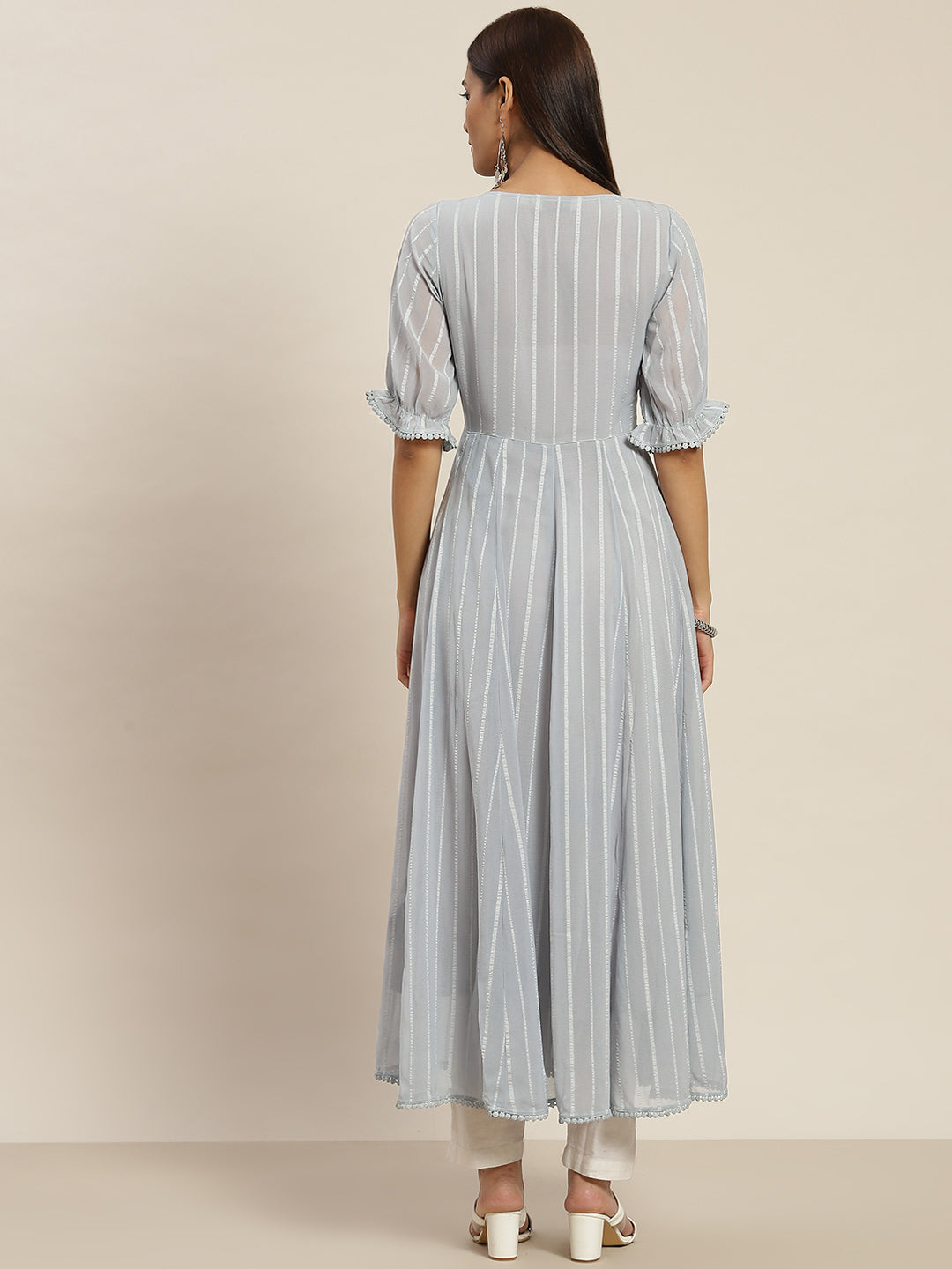 A Grey Color Striped Georgette Flared Dress With Front Gathers And Laced Up