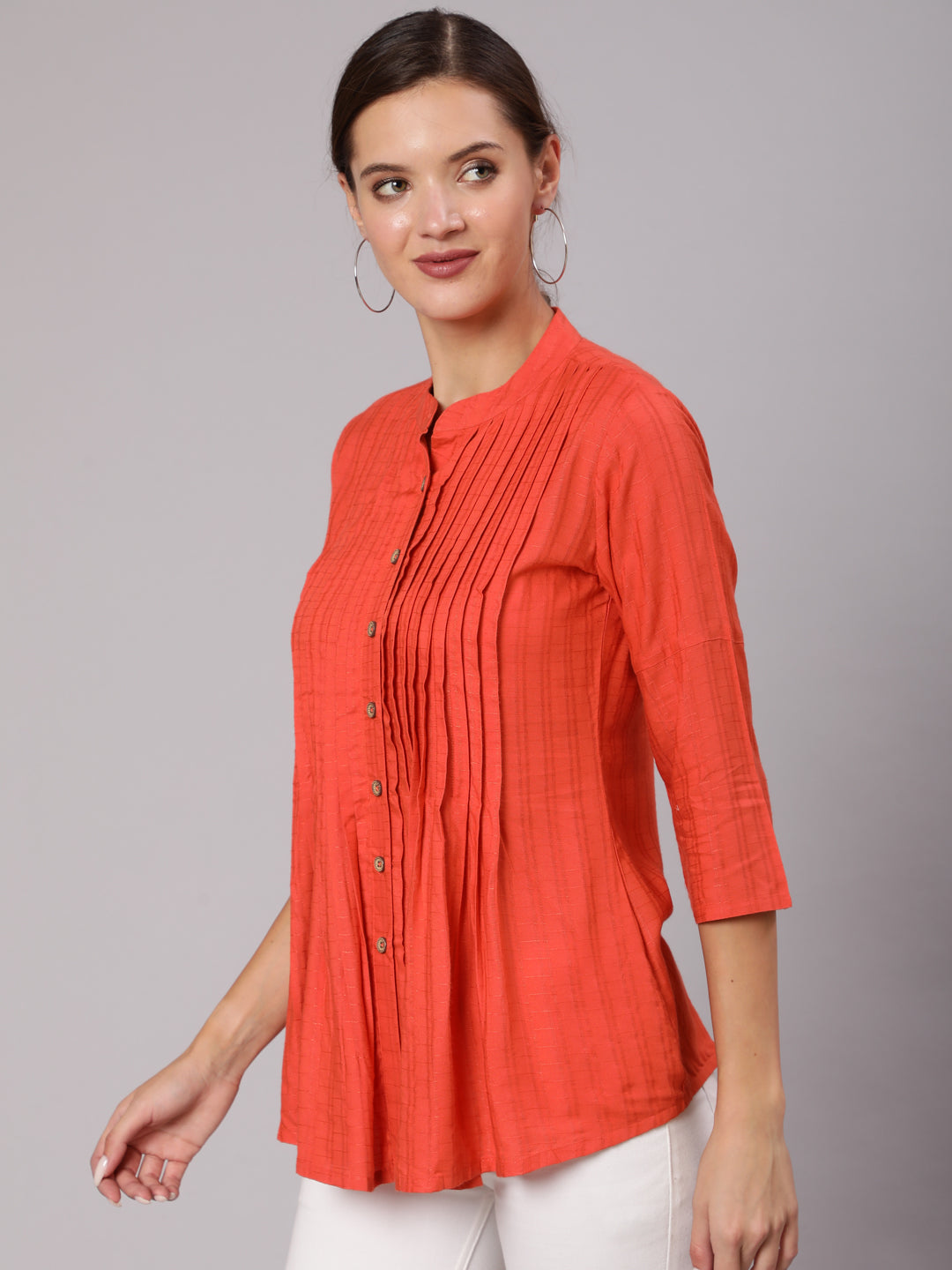 Round neck Pleated Top With Buttons In Front