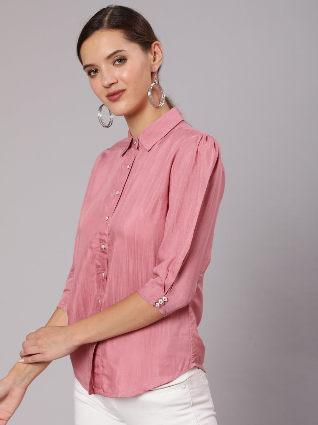 Shop Fusion wear Pink Silk Blend Three-Fourth Puffed Sleeves Shirt Online at Jaipur Kurti. Buy Party wear Suits, Dresses & Kurta sets for Women at Best Price