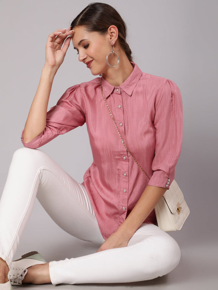 Shop Fusion wear Pink Silk Blend Three-Fourth Puffed Sleeves Shirt Online at Jaipur Kurti. Buy Party wear Suits, Dresses & Kurta sets for Women at Best Price