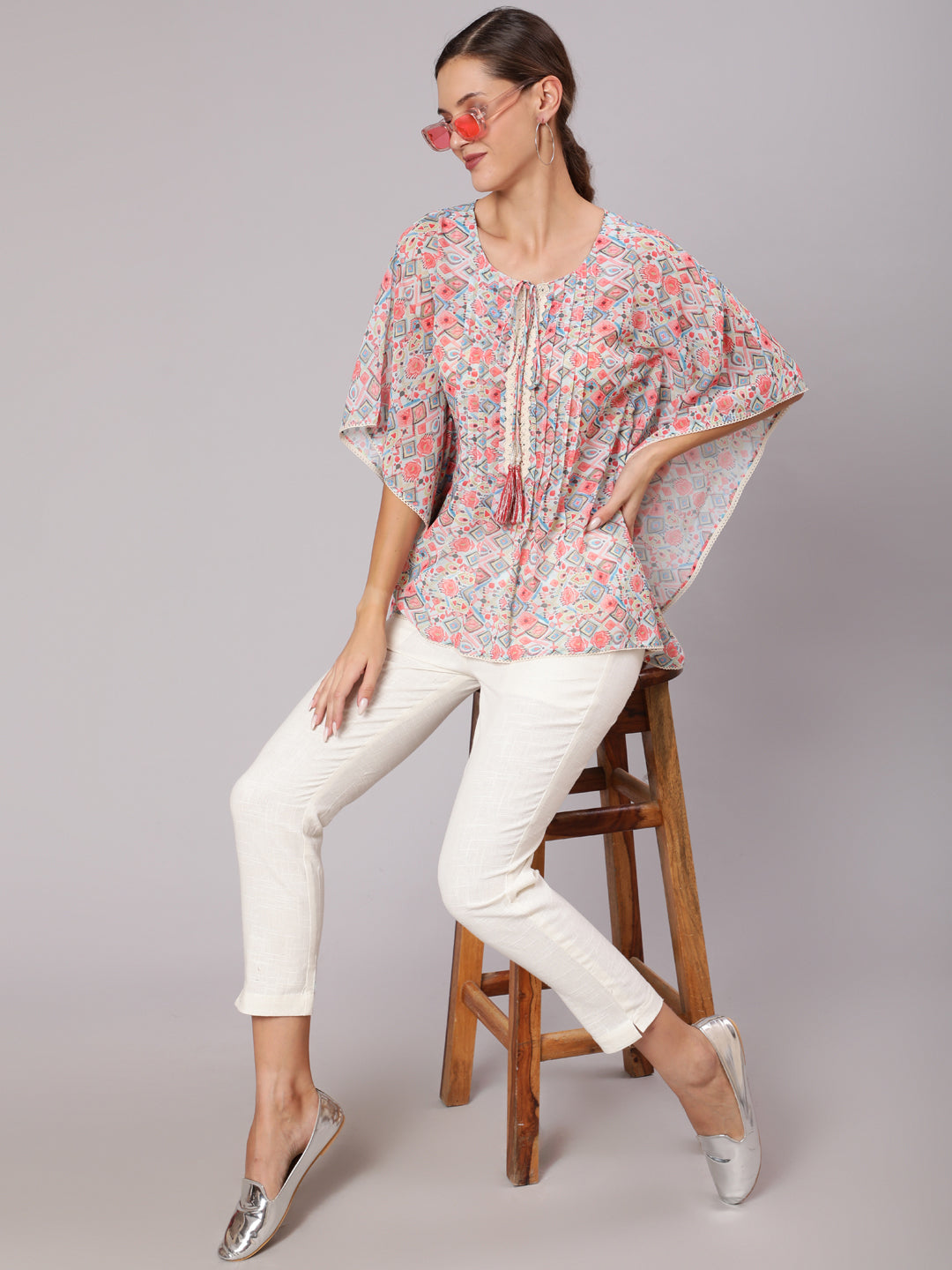 Peach Geometric Printed Georgette Kaftan Top With Pintucks And Lace Details At The Yoke