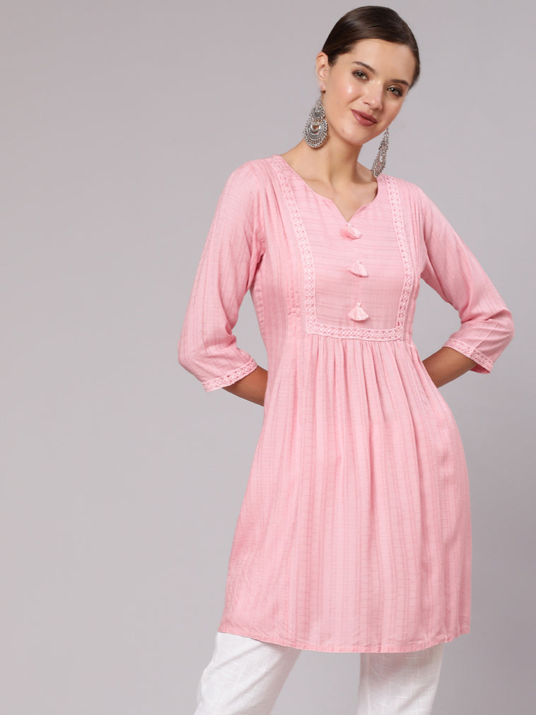 Pink Self Weave Pleated, Laced-Up And Gathered Short Kurta With Tassels