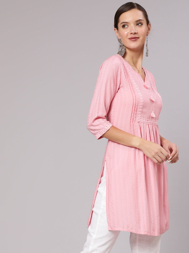 Pink Self Weave Pleated, Laced-Up And Gathered Short Kurta With Tassels