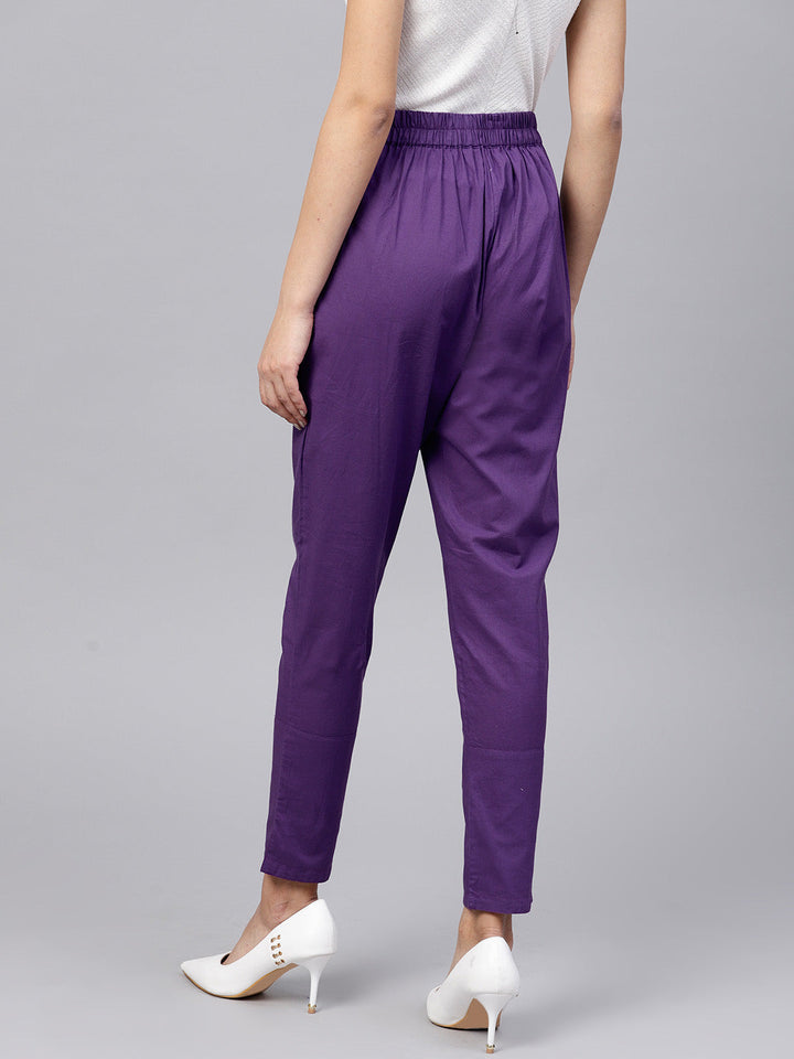 Purple Solid Straight Cotton Cambric Pants