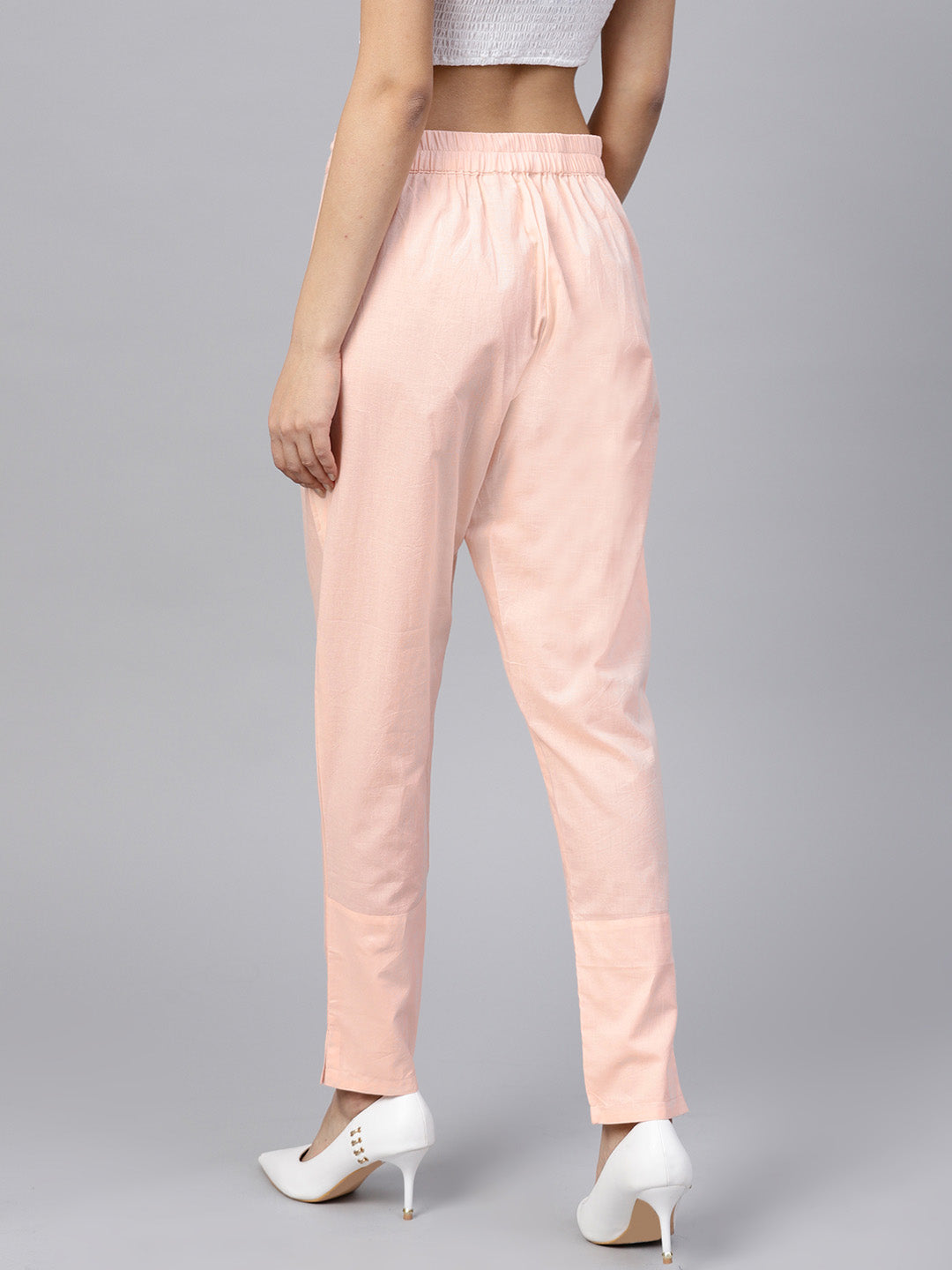 Peach Solid Straight Cotton Cambric Pants