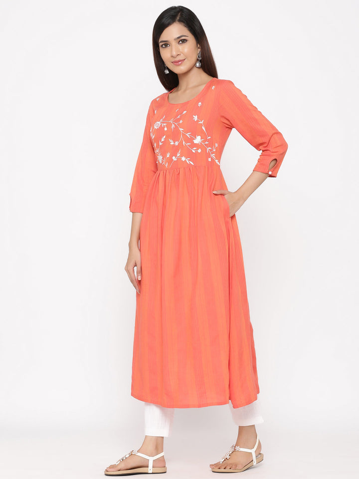 Coral Embroidered A-Line Yarn Dyed Kurta With Pant