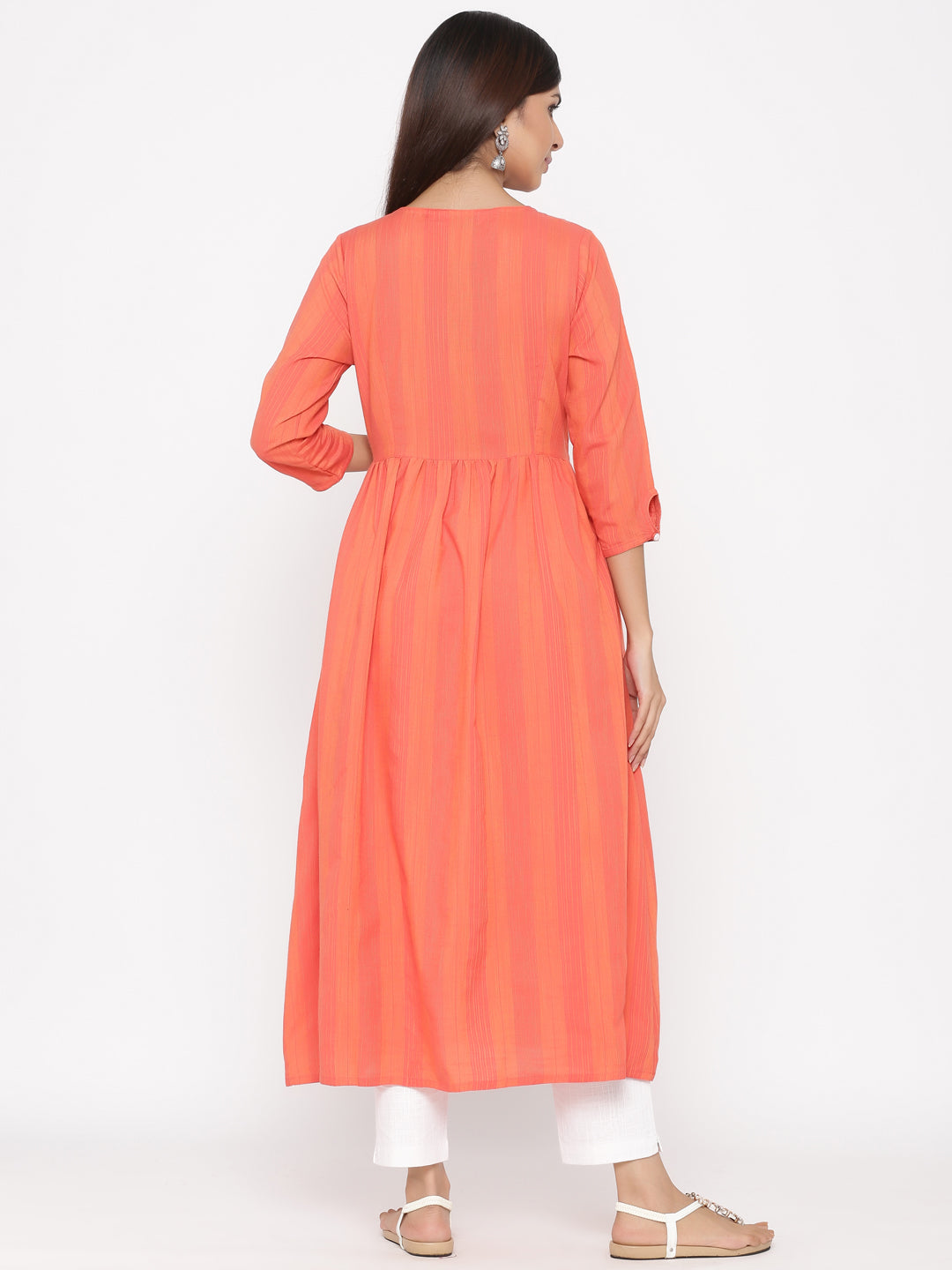 Coral Embroidered A-Line Yarn Dyed Kurta With Pant