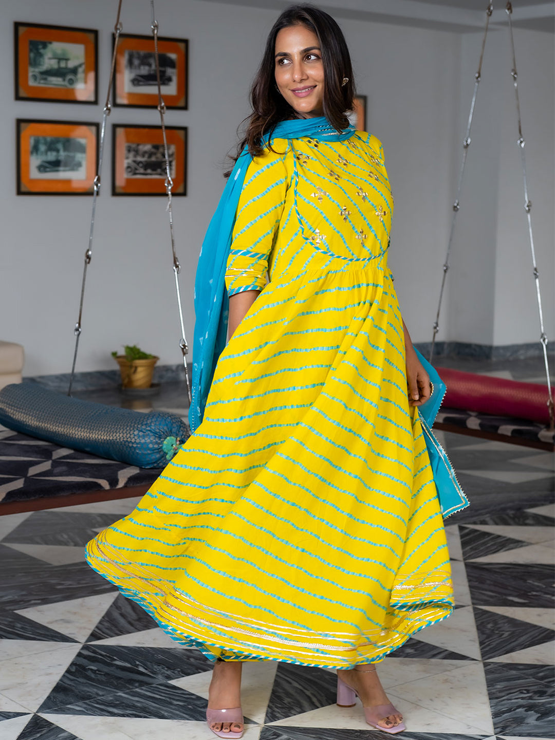 A-Line Yellow Leheriya Kurti With Pant & Dupatta Set