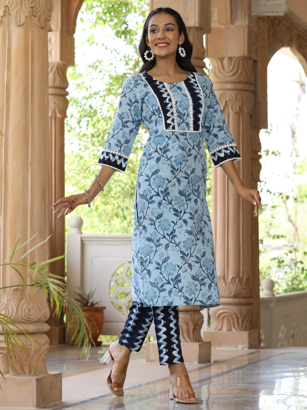 Blue Straight Ethnic Printed Lace Embellished Kurta With Printed Pants