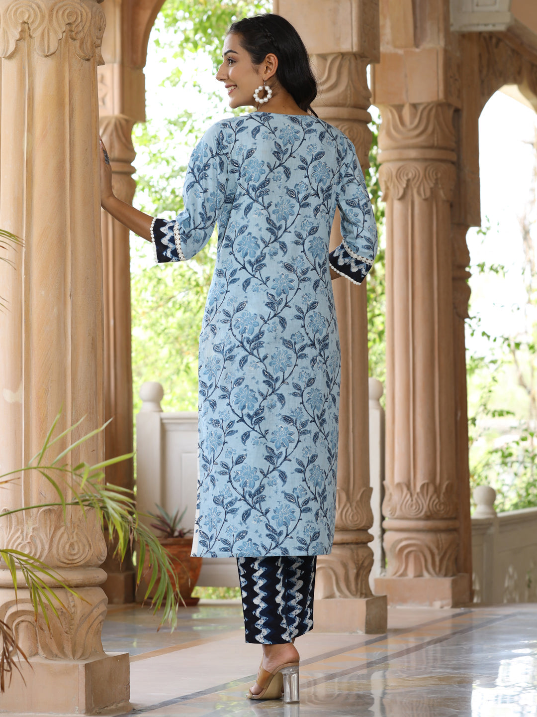 Blue Straight Ethnic Printed Lace Embellished Kurta With Printed Pants