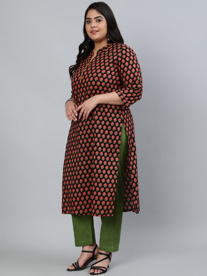 Black Cotton Printed Straight Kurta With Cotton Solid Olive Green Pants