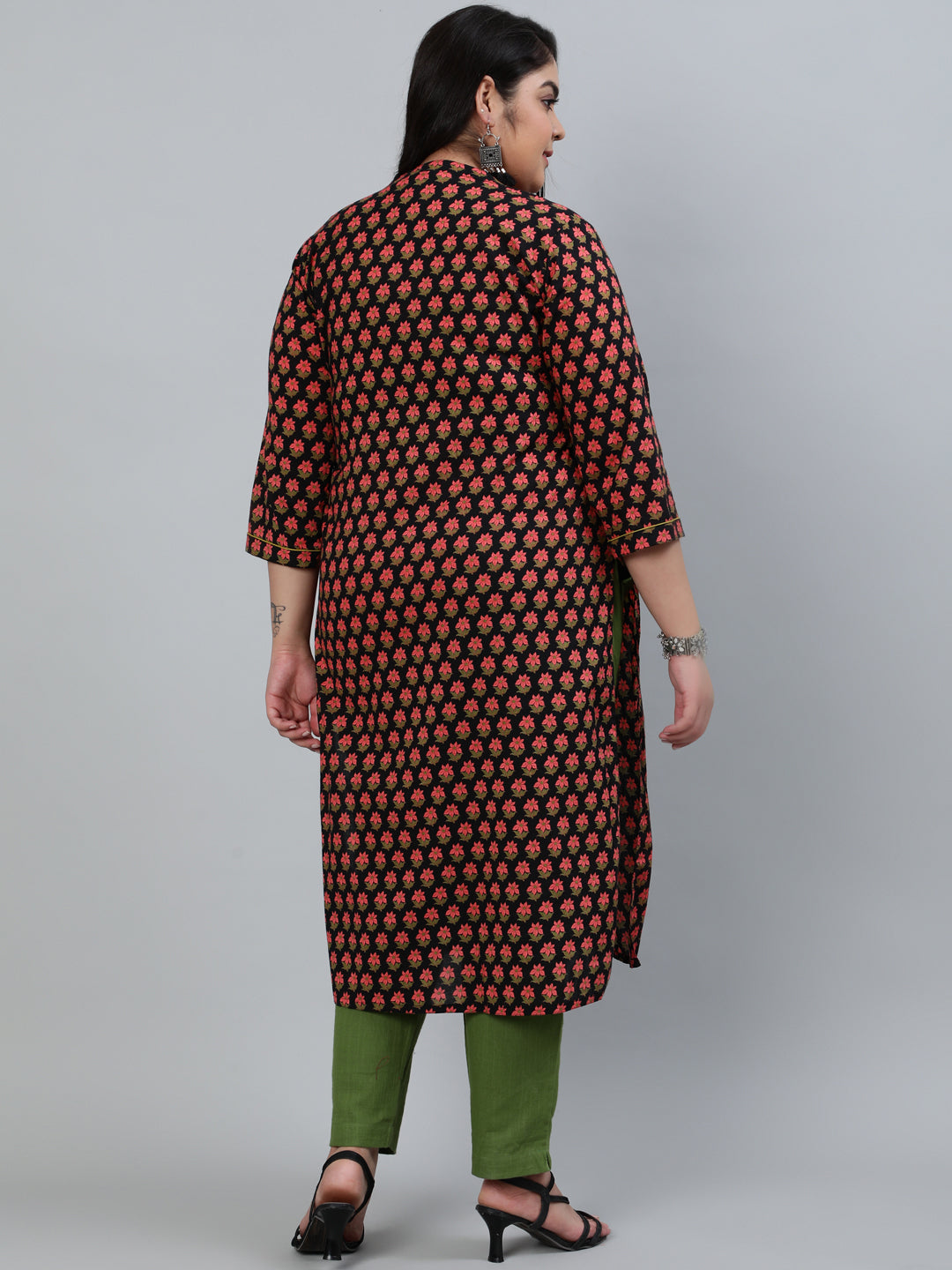 Black Cotton Printed Straight Kurta With Cotton Solid Olive Green Pants