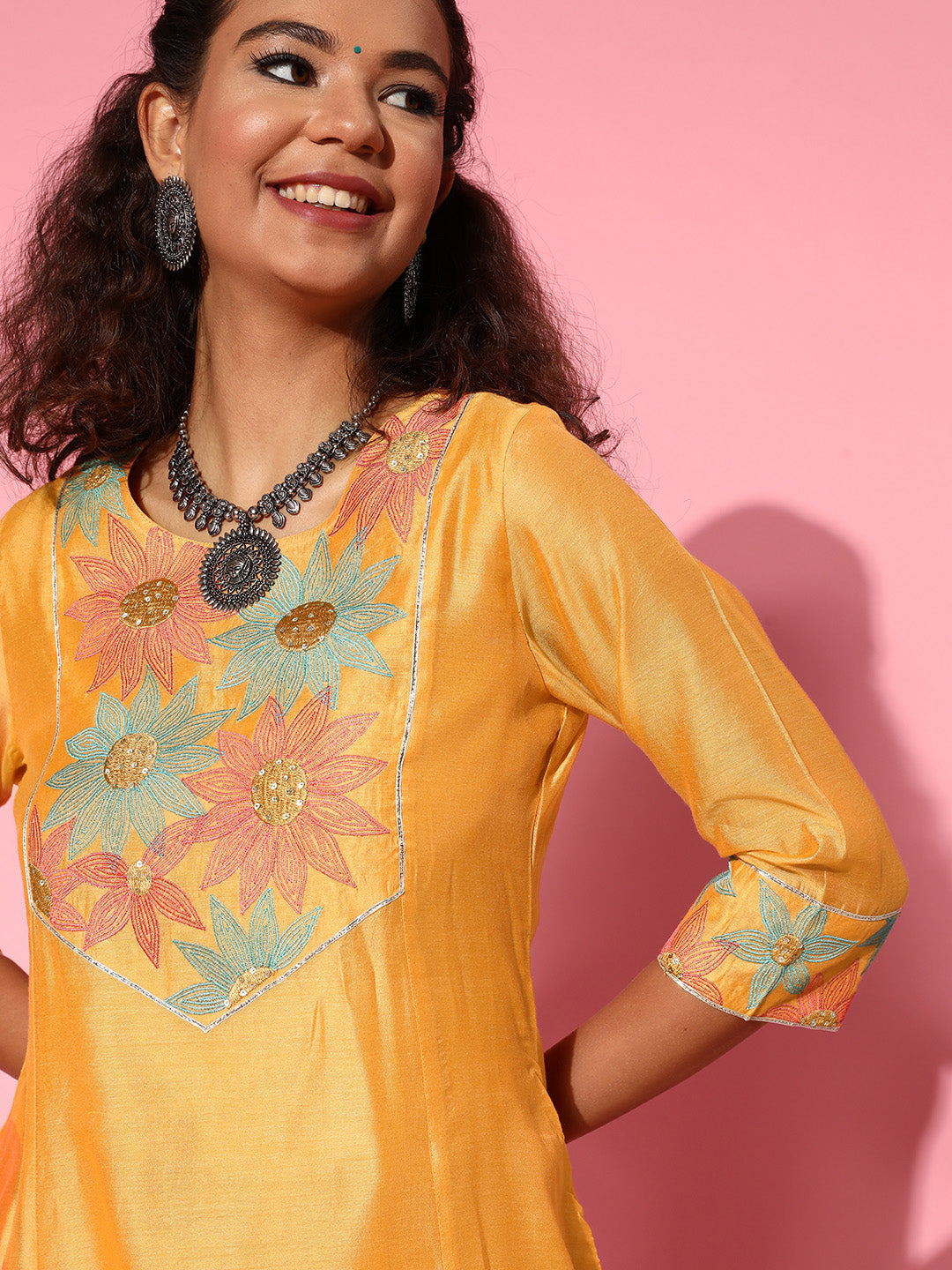 Yellow Chanderi Embroidered A-Line Princess-Cut Kurta With Pants
