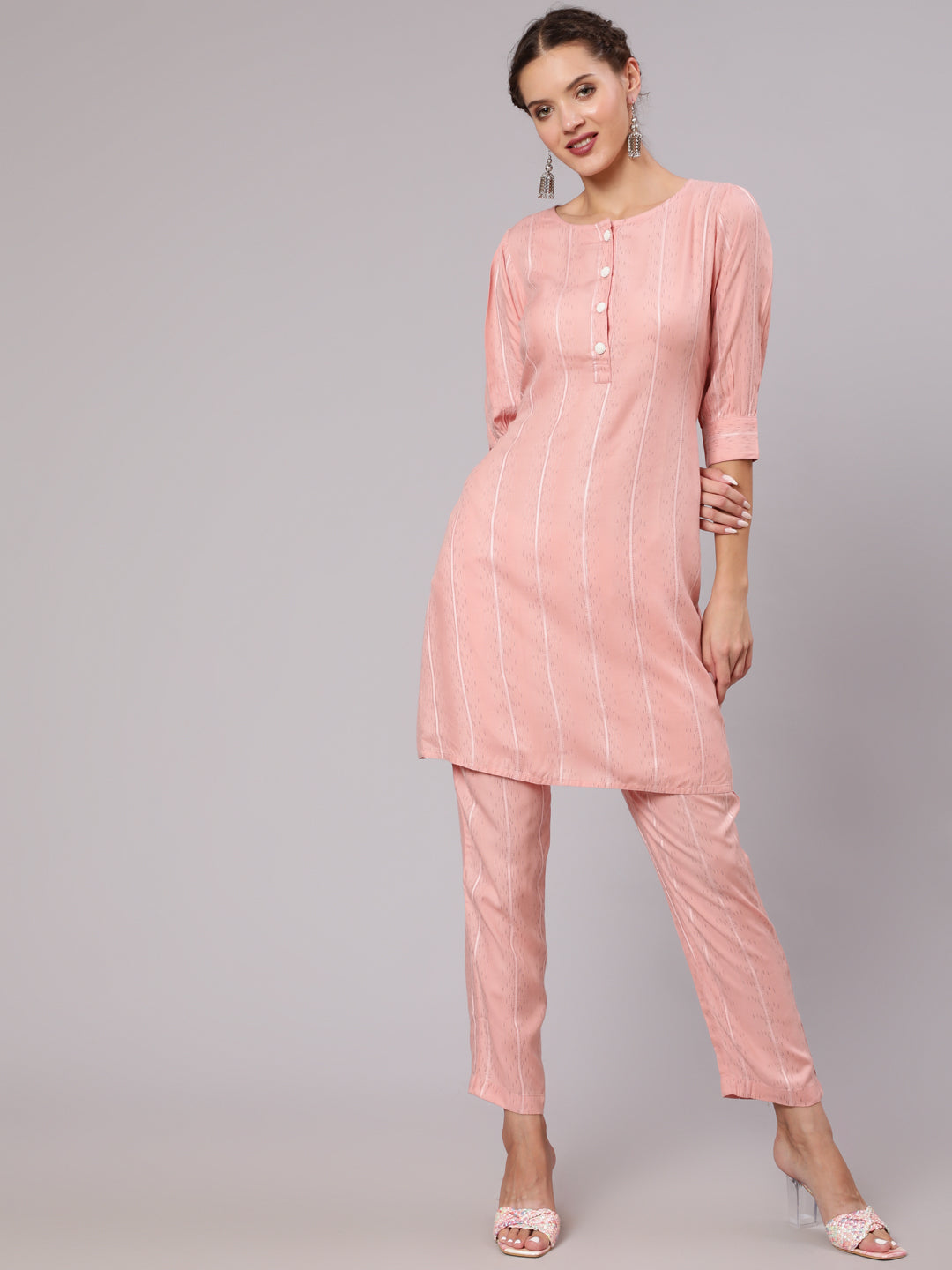 Pink Self Weave Rayon Co-Ord Set With Pearl Embellished Back Slit Kurta And Pants