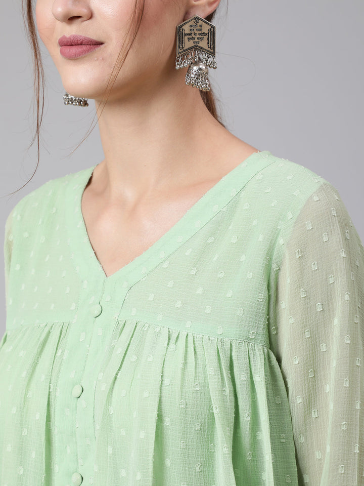 Green Chiffon Dobby Gathered Top With Flared Hemline With Cotton White Flared Pants