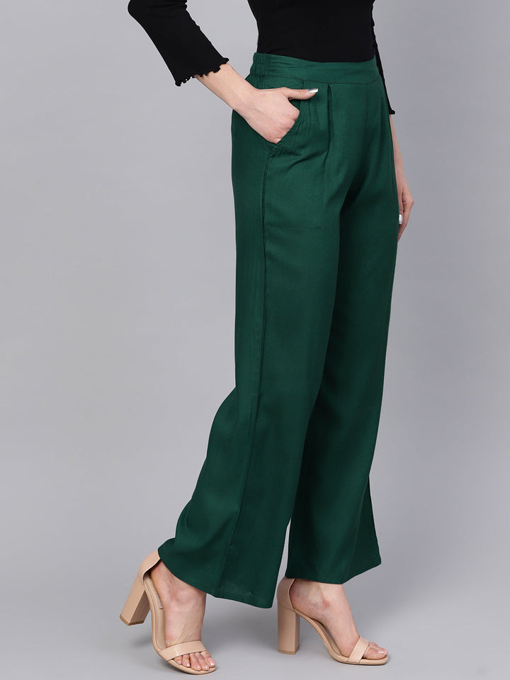 Bottle Green Solid Straight Rayon Palazzo